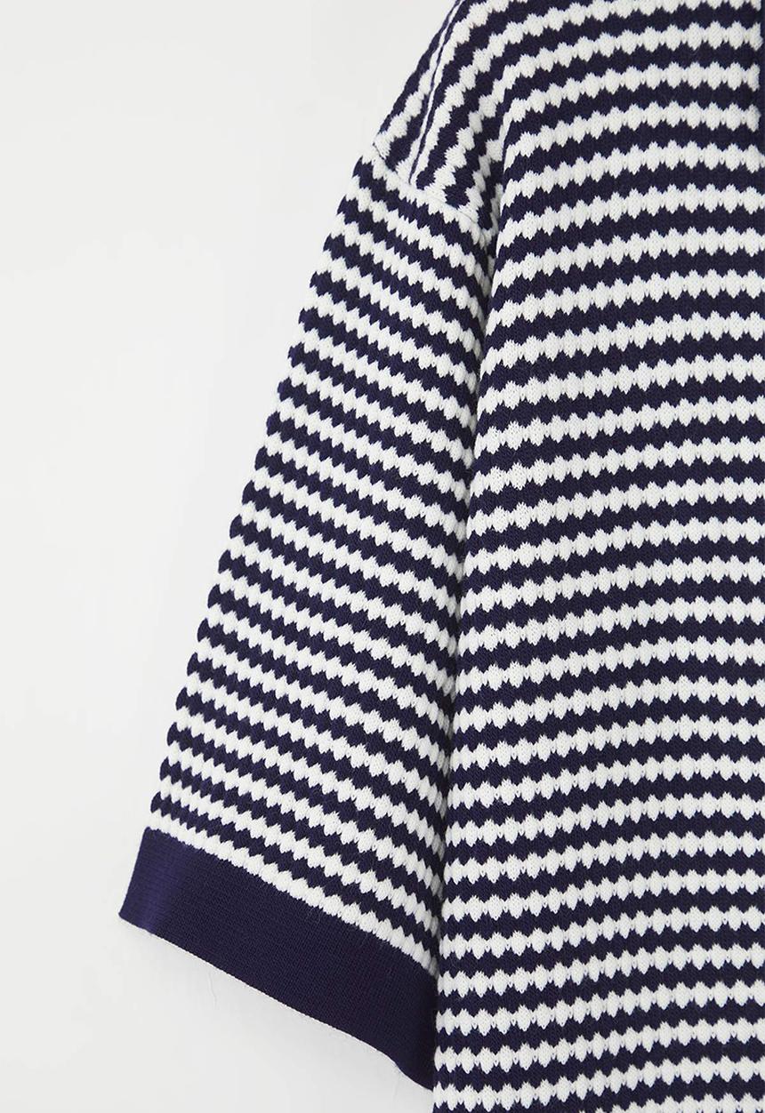 Trendyol - Plus Polo Collar Striped Knitwear Blouse - Navy Blue