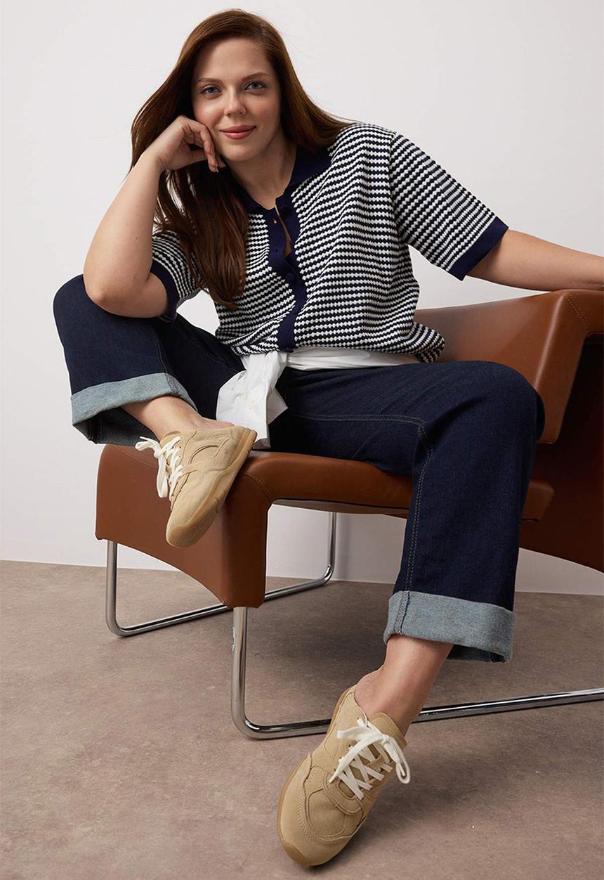 Trendyol - Plus Polo Collar Striped Knitwear Blouse - Navy Blue