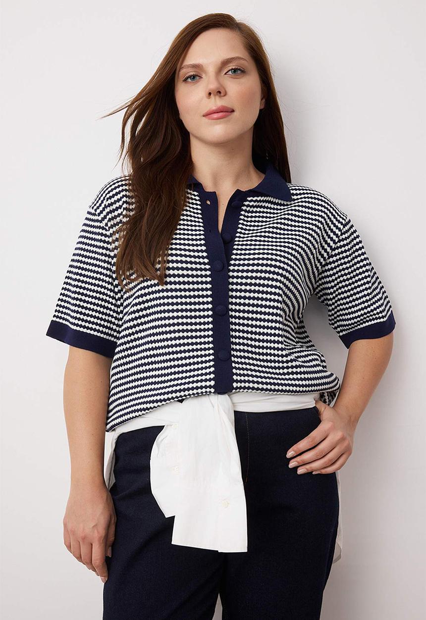 Trendyol - Plus Polo Collar Striped Knitwear Blouse - Navy Blue