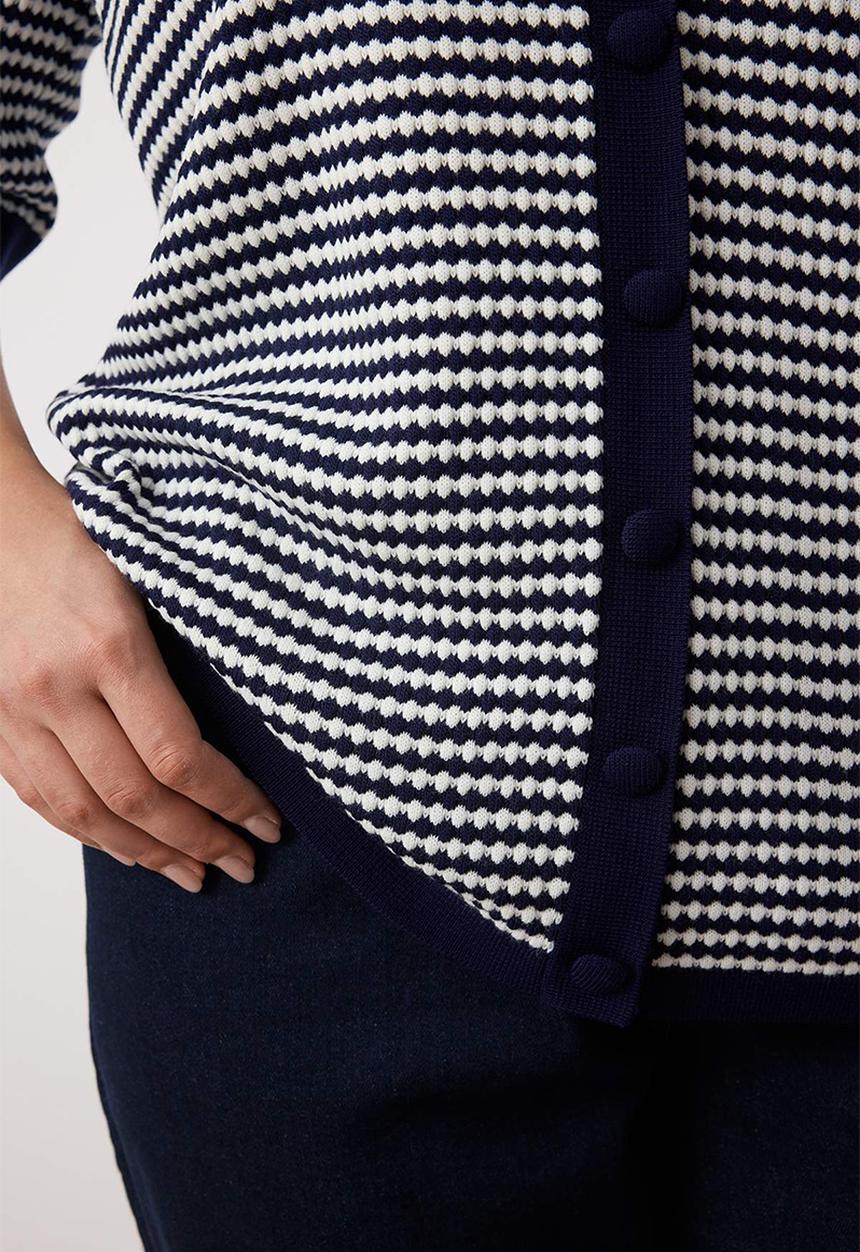 Trendyol - Plus Polo Collar Striped Knitwear Blouse - Navy Blue