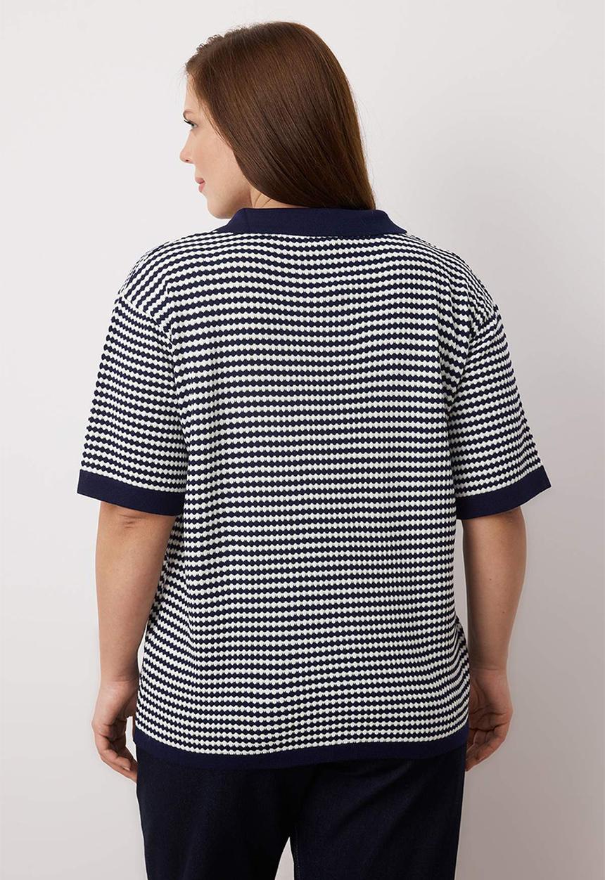 Trendyol - Plus Polo Collar Striped Knitwear Blouse - Navy Blue