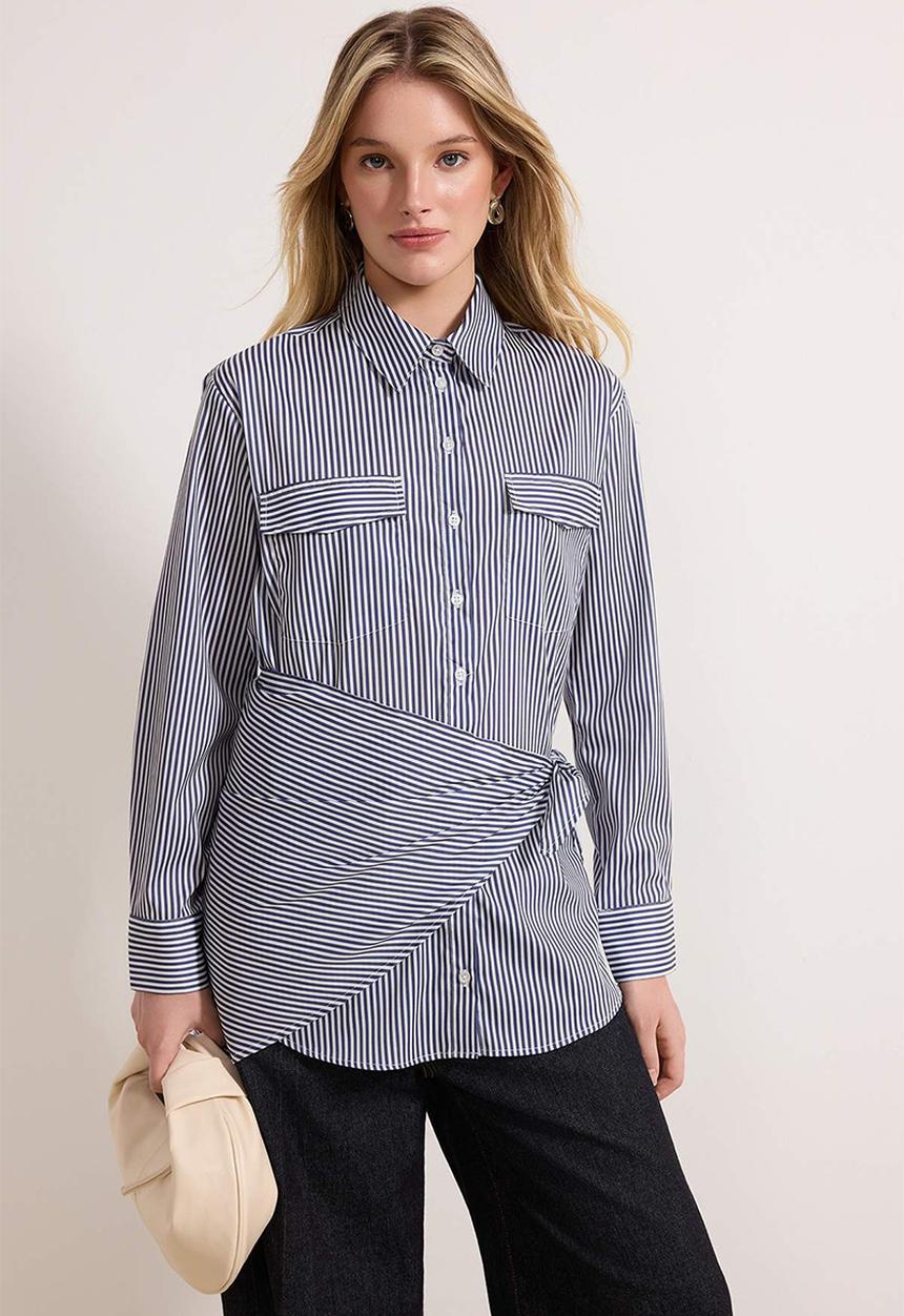 Striped Regular Woven Tie-Back Scarf Detailed Shirt - Multi-Colored