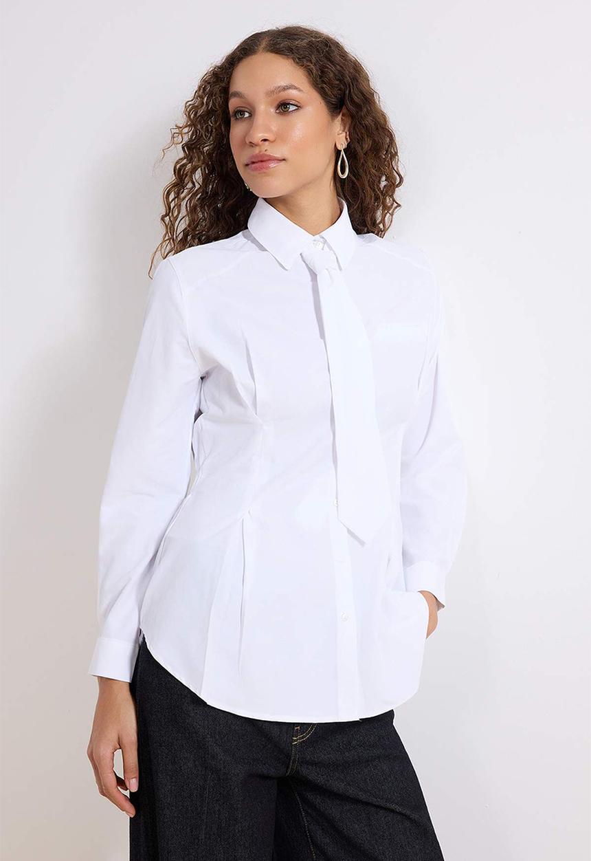 Trendyol - Cotton Fabric Tie Detailed Woven Shirt - White