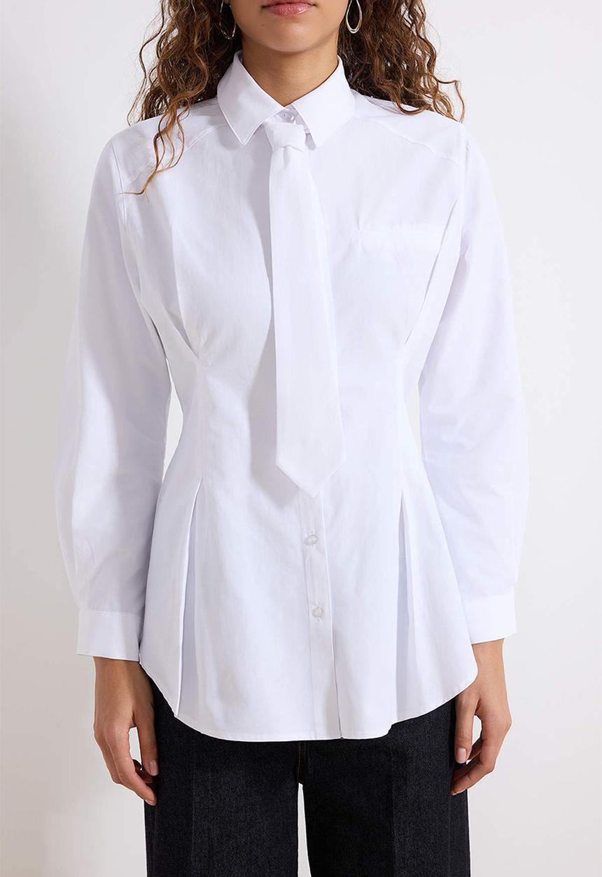 Trendyol - Cotton Fabric Tie Detailed Woven Shirt - White