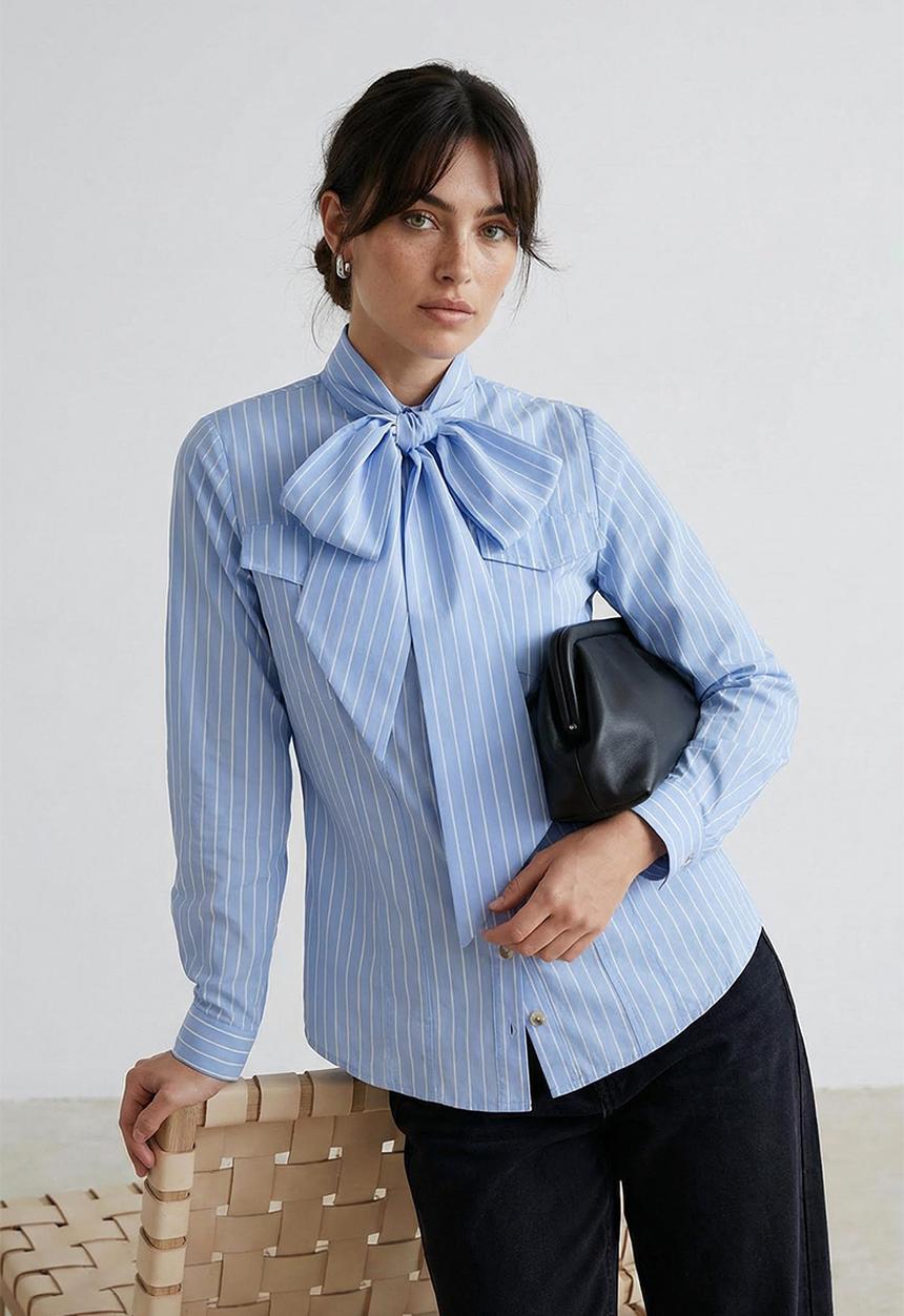 Trendyol - Striped Shawl Collar Detailed Shirt - Blue