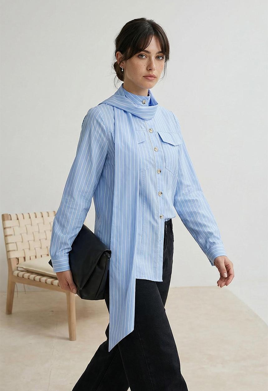 Trendyol - Striped Shawl Collar Detailed Shirt - Blue