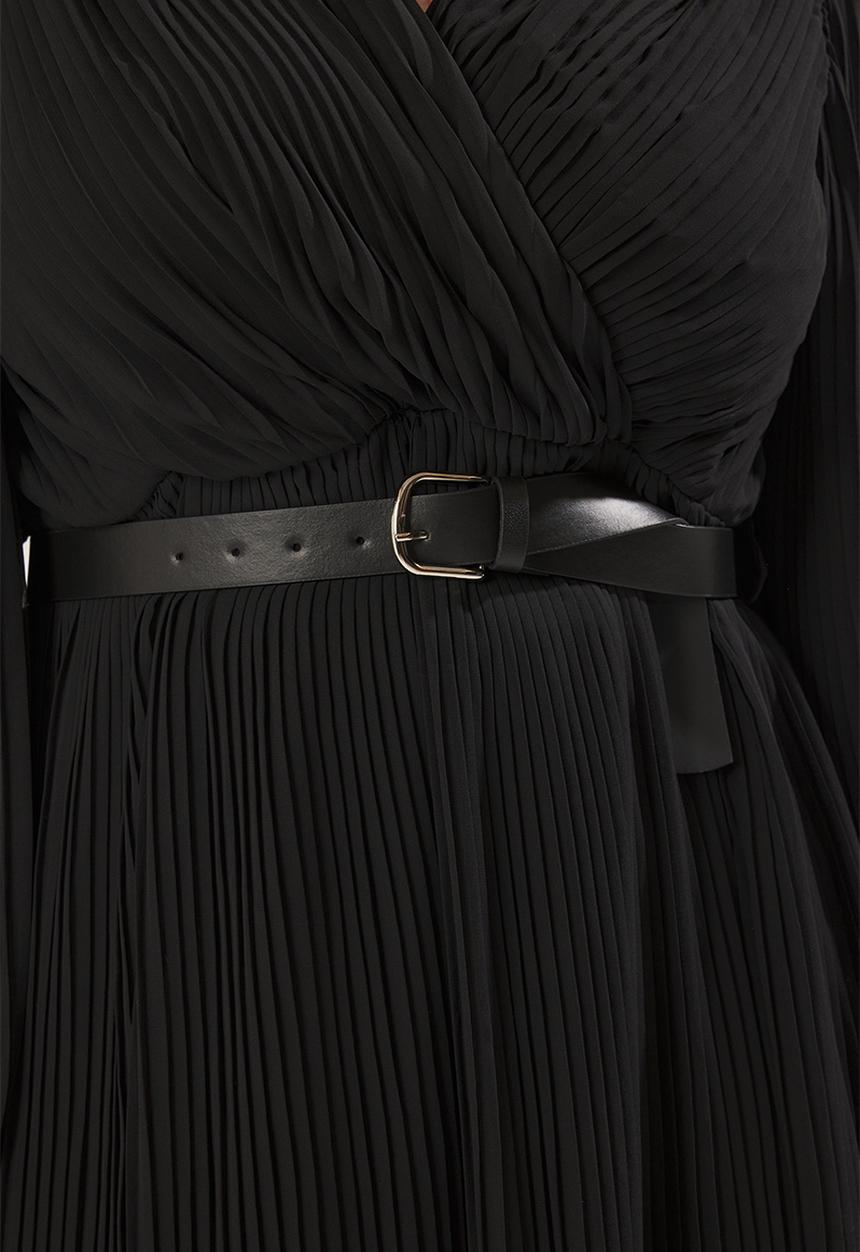 Trendyol - Plus Chiffon Pleated Belt Midi Woven Dress - Black