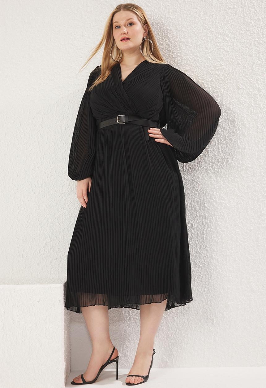 Trendyol - Plus Chiffon Pleated Belt Midi Woven Dress - Black