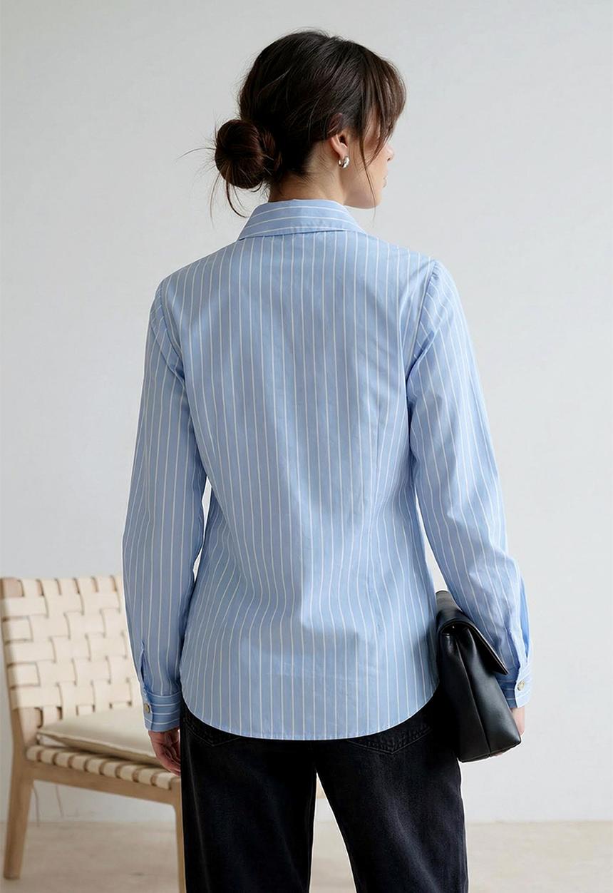 Trendyol - Striped Shawl Collar Detailed Shirt - Blue