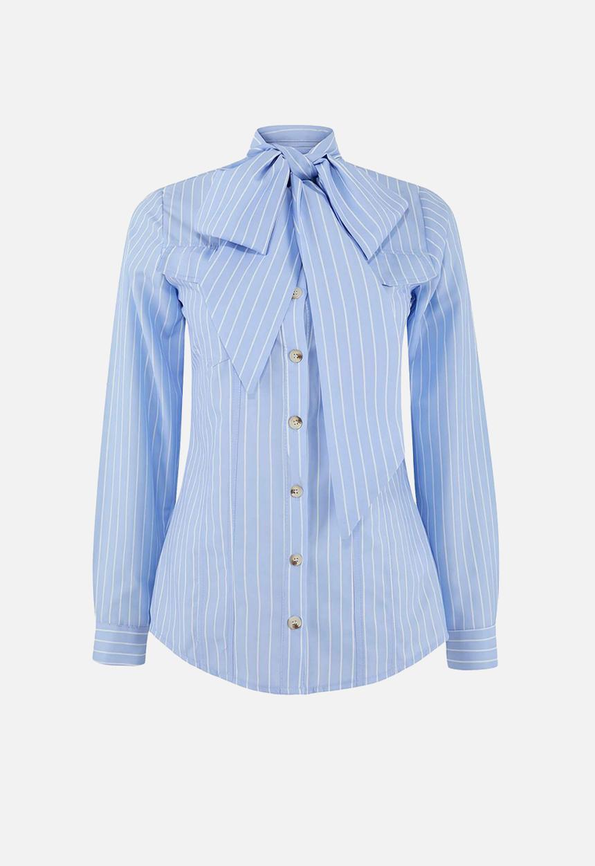 Trendyol - Striped Shawl Collar Detailed Shirt - Blue