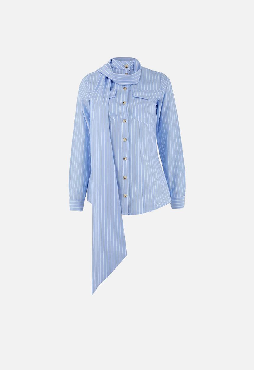 Trendyol - Striped Shawl Collar Detailed Shirt - Blue