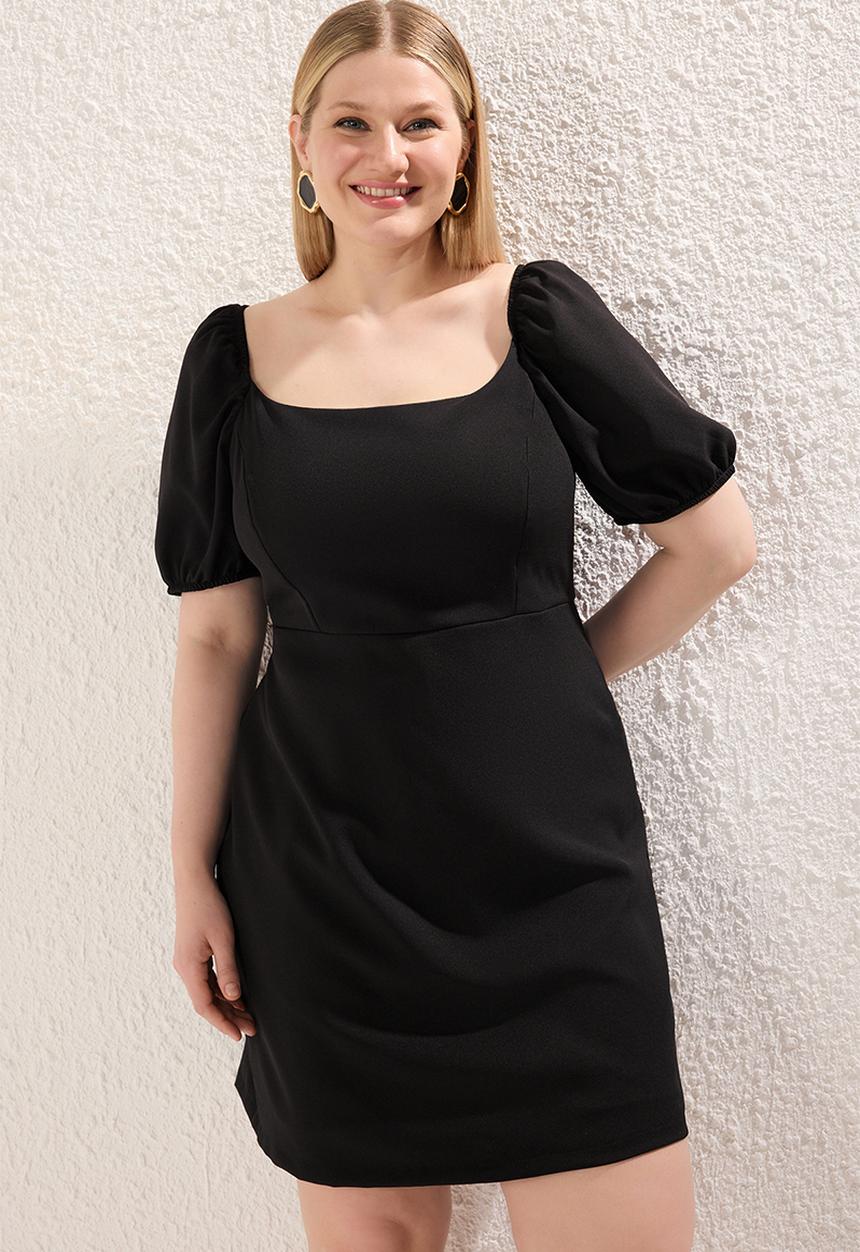 Trendyol - Plus Square Neck with Shorts Balloon Sleeves Woven Dress - Black