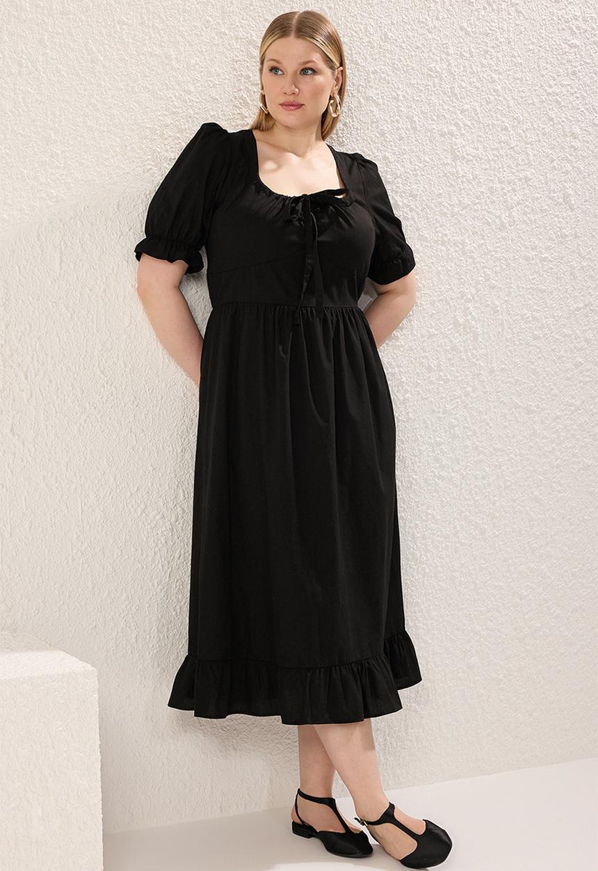 Trendyol - Plus Square Neck Back Tie Detail Woven Dress - Black