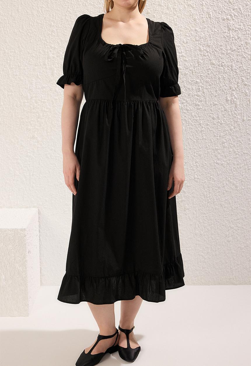 Trendyol - Plus Square Neck Back Tie Detail Woven Dress - Black