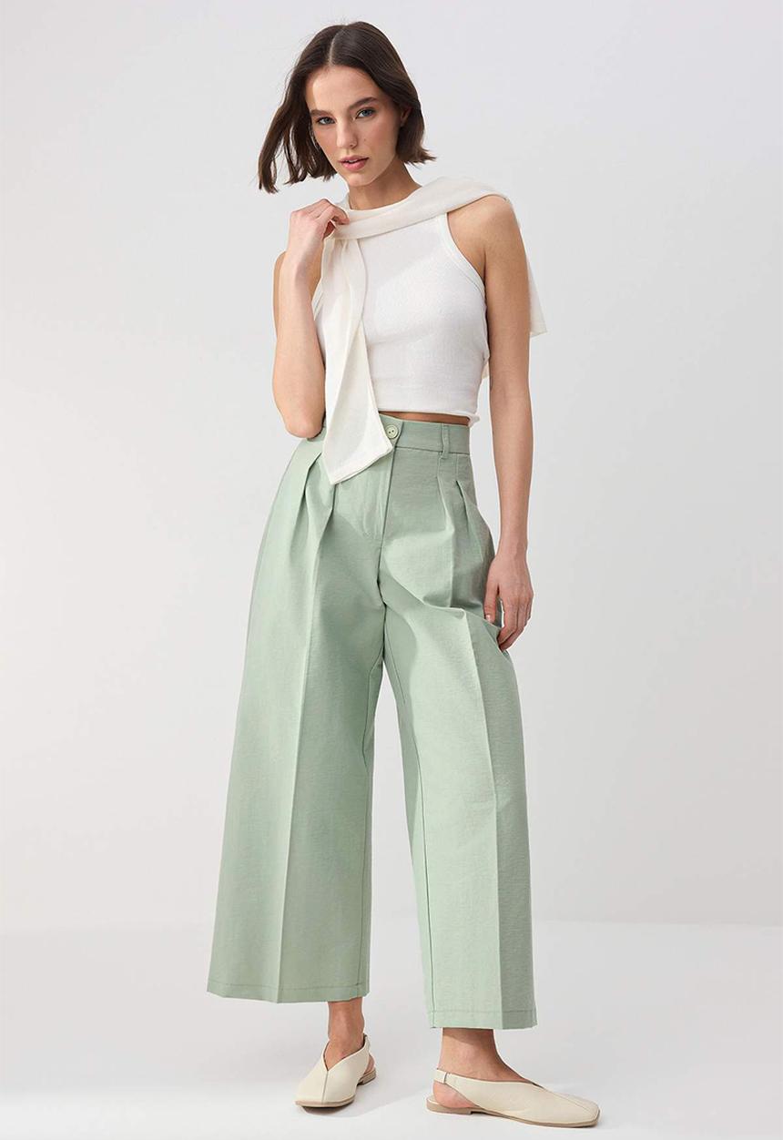 Trendyol - Gabardine Crop Wide Leg Pants - Light Khaki