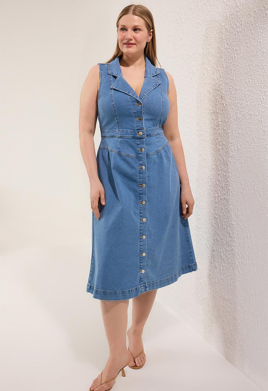 Trendyol - Plus Jacket Collar A-Line Comfort Stretch Denim Dress - Light Blue