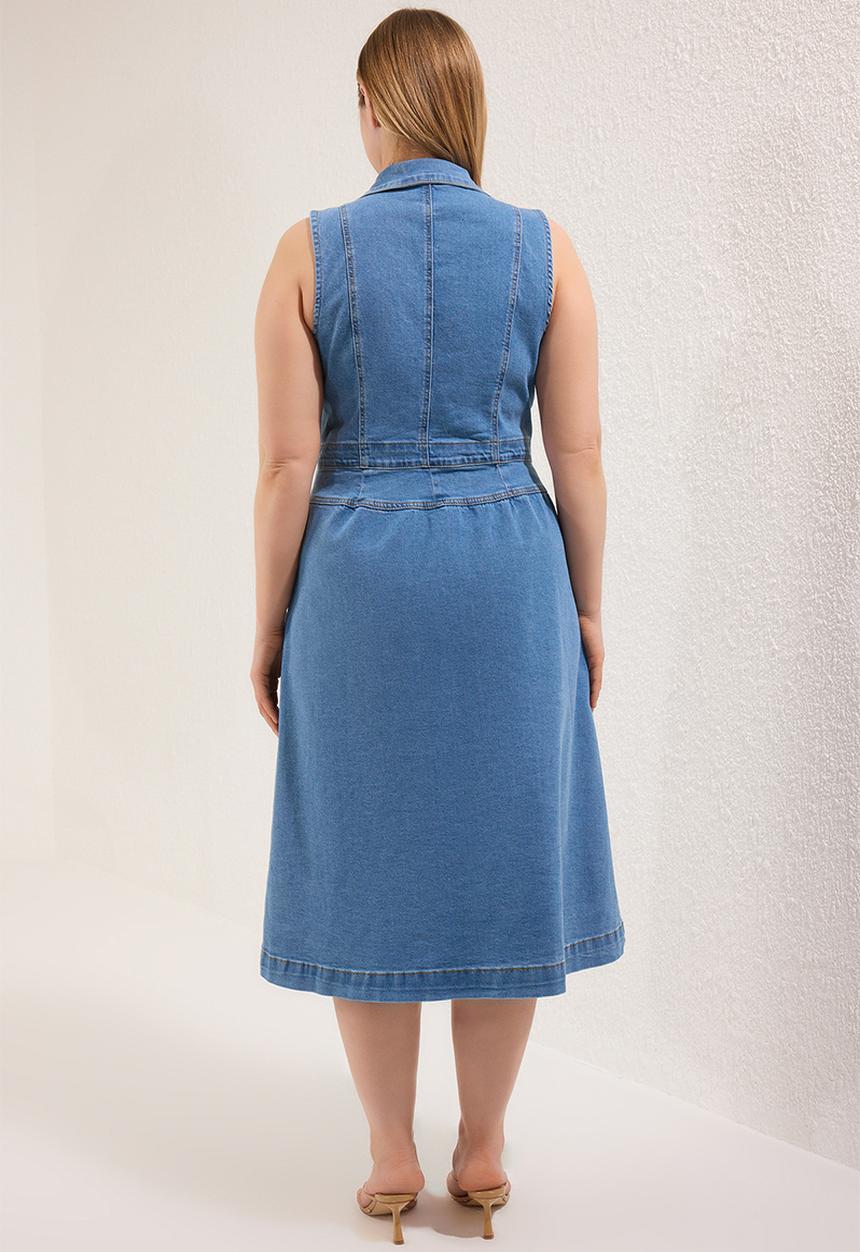 Trendyol - Plus Jacket Collar A-Line Comfort Stretch Denim Dress - Light Blue