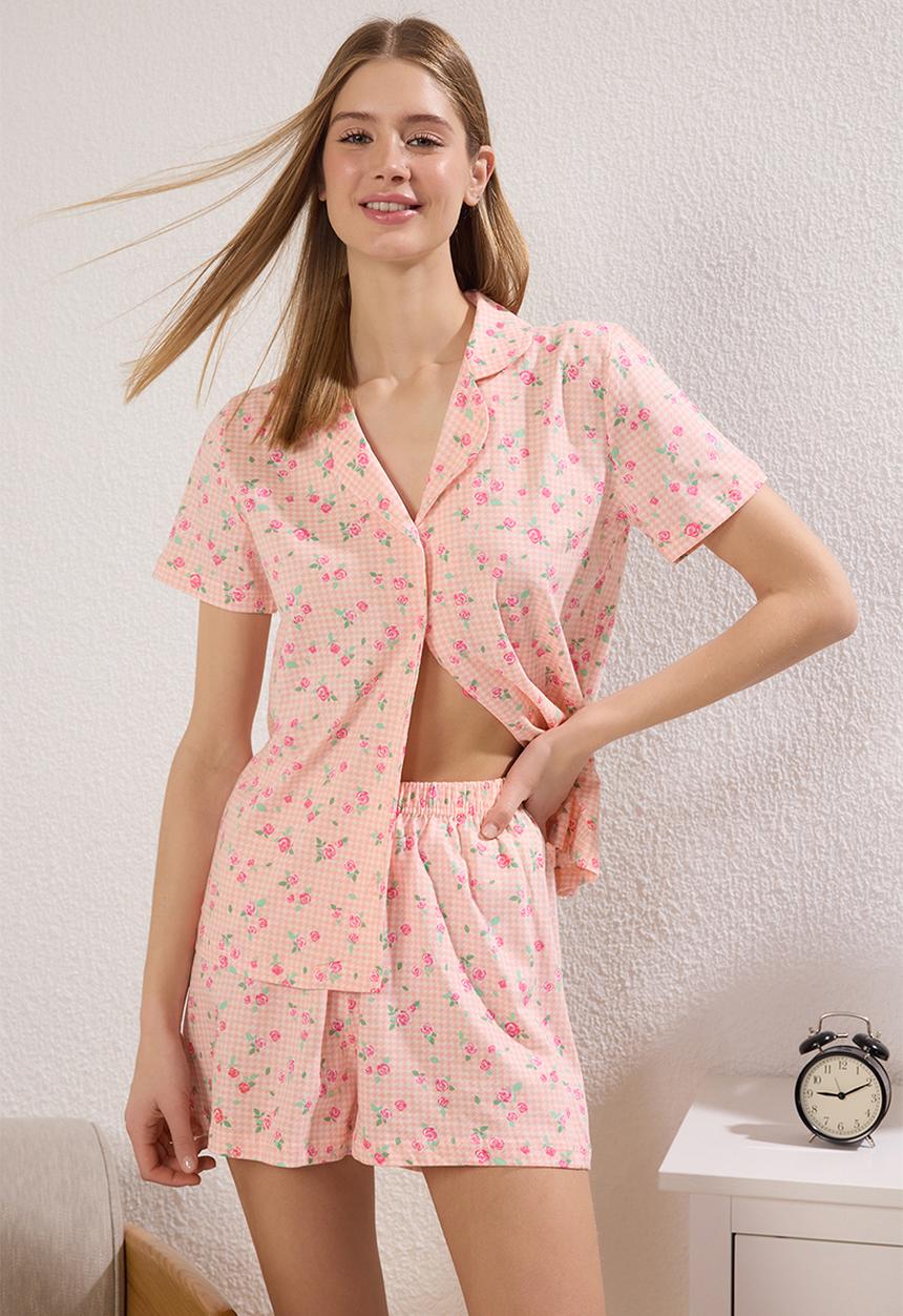 Trendyol - Floral print gingham pyjama set - pink