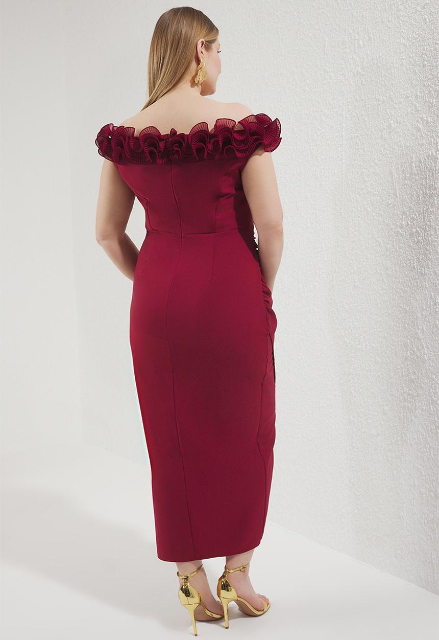 Trendyol - Plus Madonna Collar Frilly Slit Woven Large Size Dress - Burgundy