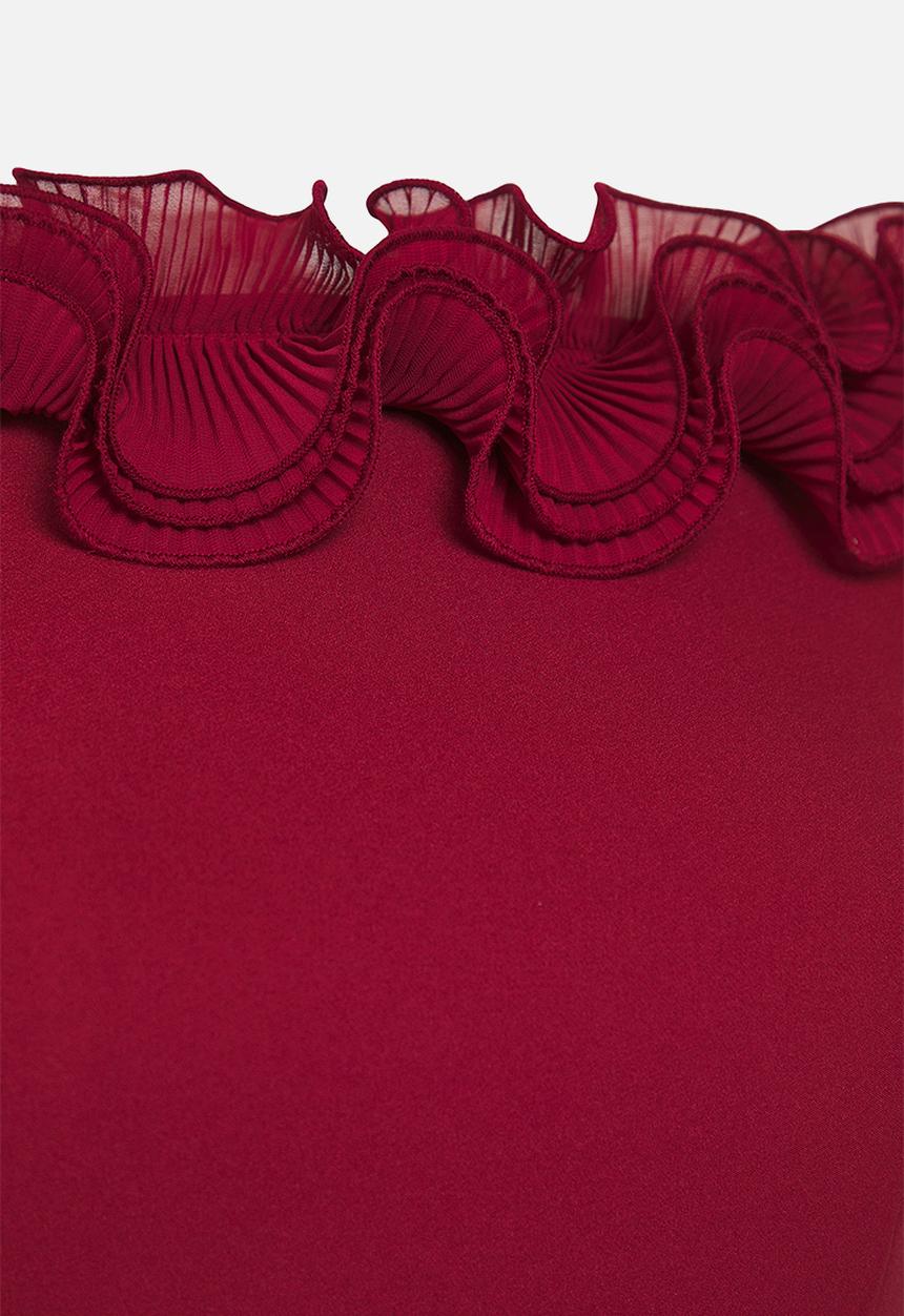 Trendyol - Plus Madonna Collar Frilly Slit Woven Large Size Dress - Burgundy