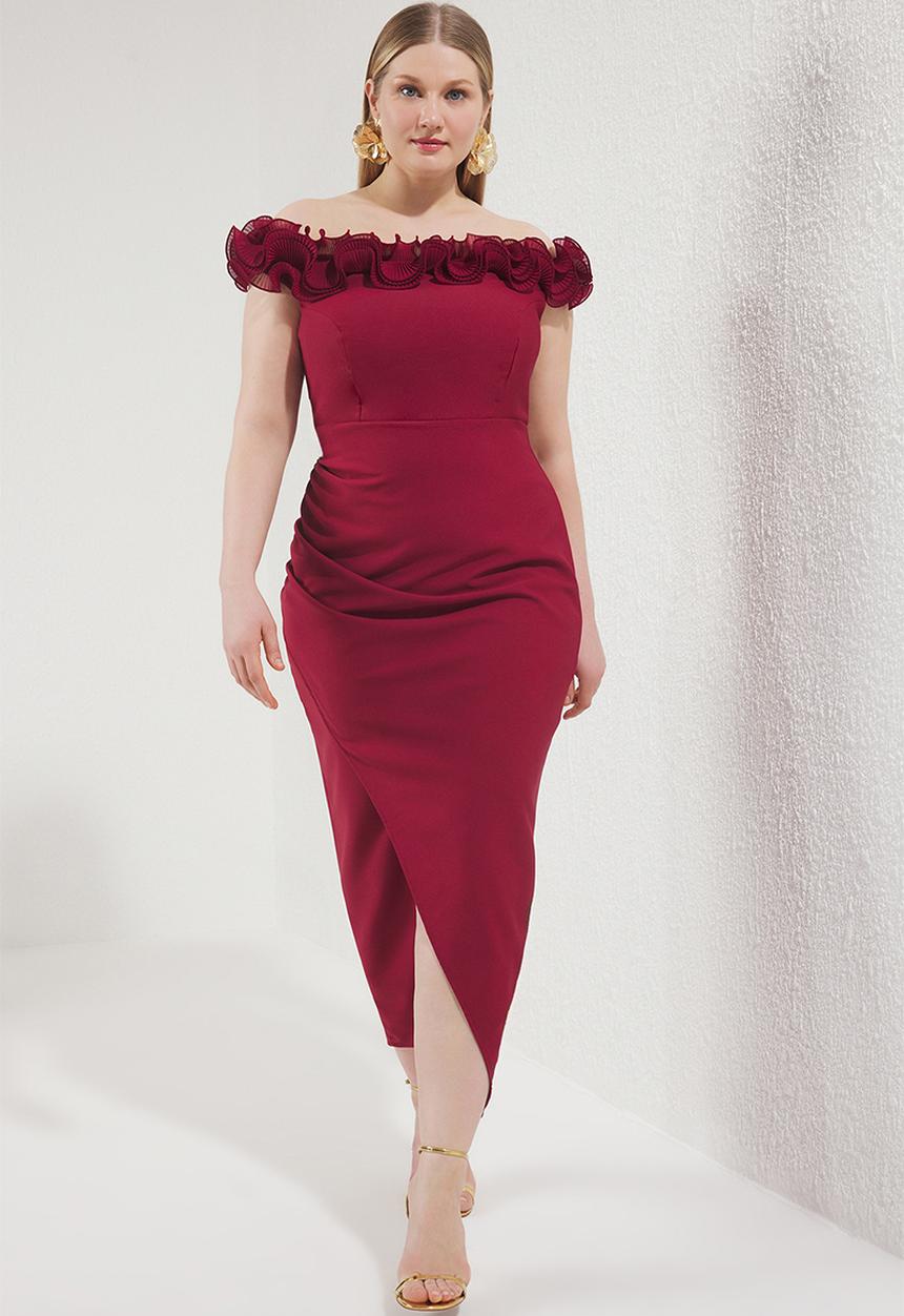 Trendyol - Plus Madonna Collar Frilly Slit Woven Large Size Dress - Burgundy