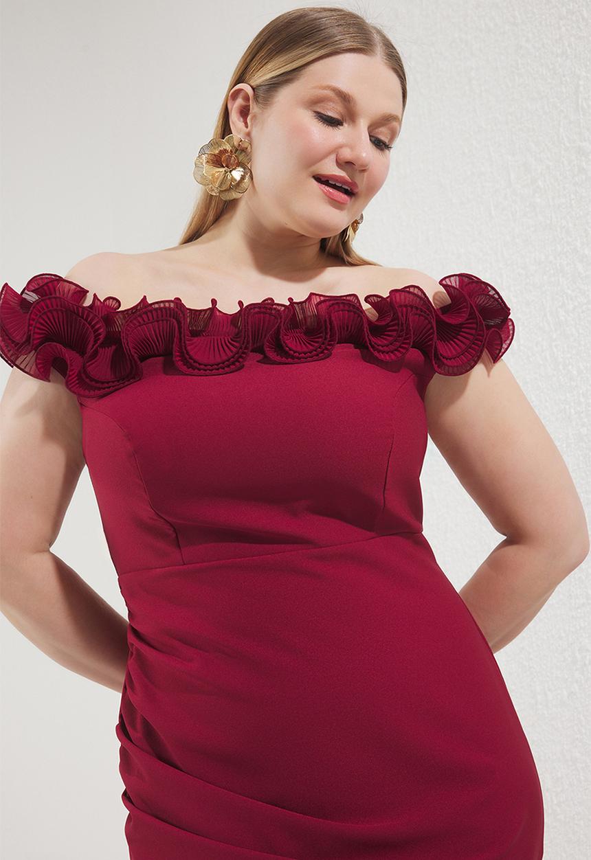 Trendyol - Plus Madonna Collar Frilly Slit Woven Large Size Dress - Burgundy