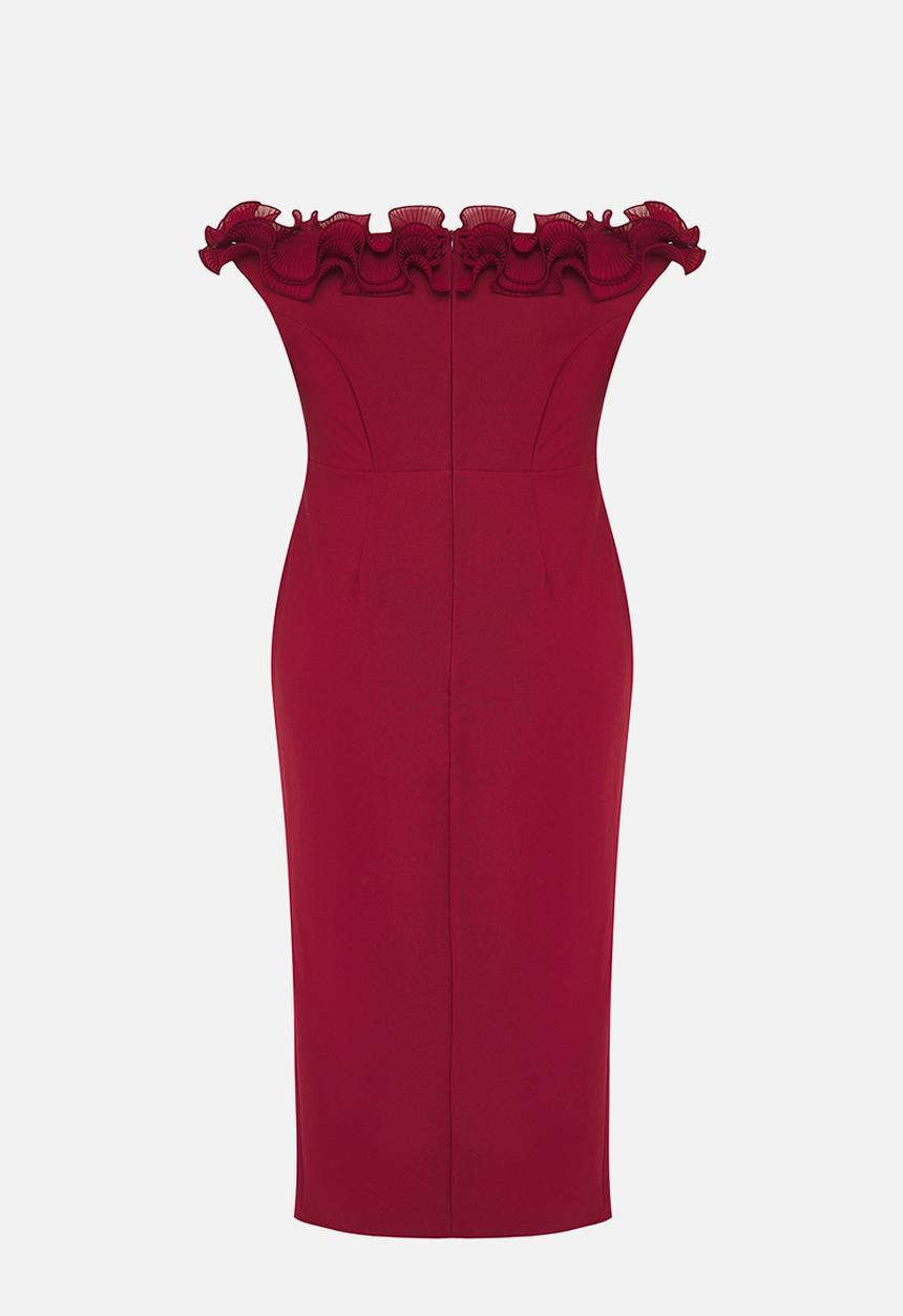 Trendyol - Plus Madonna Collar Frilly Slit Woven Large Size Dress - Burgundy