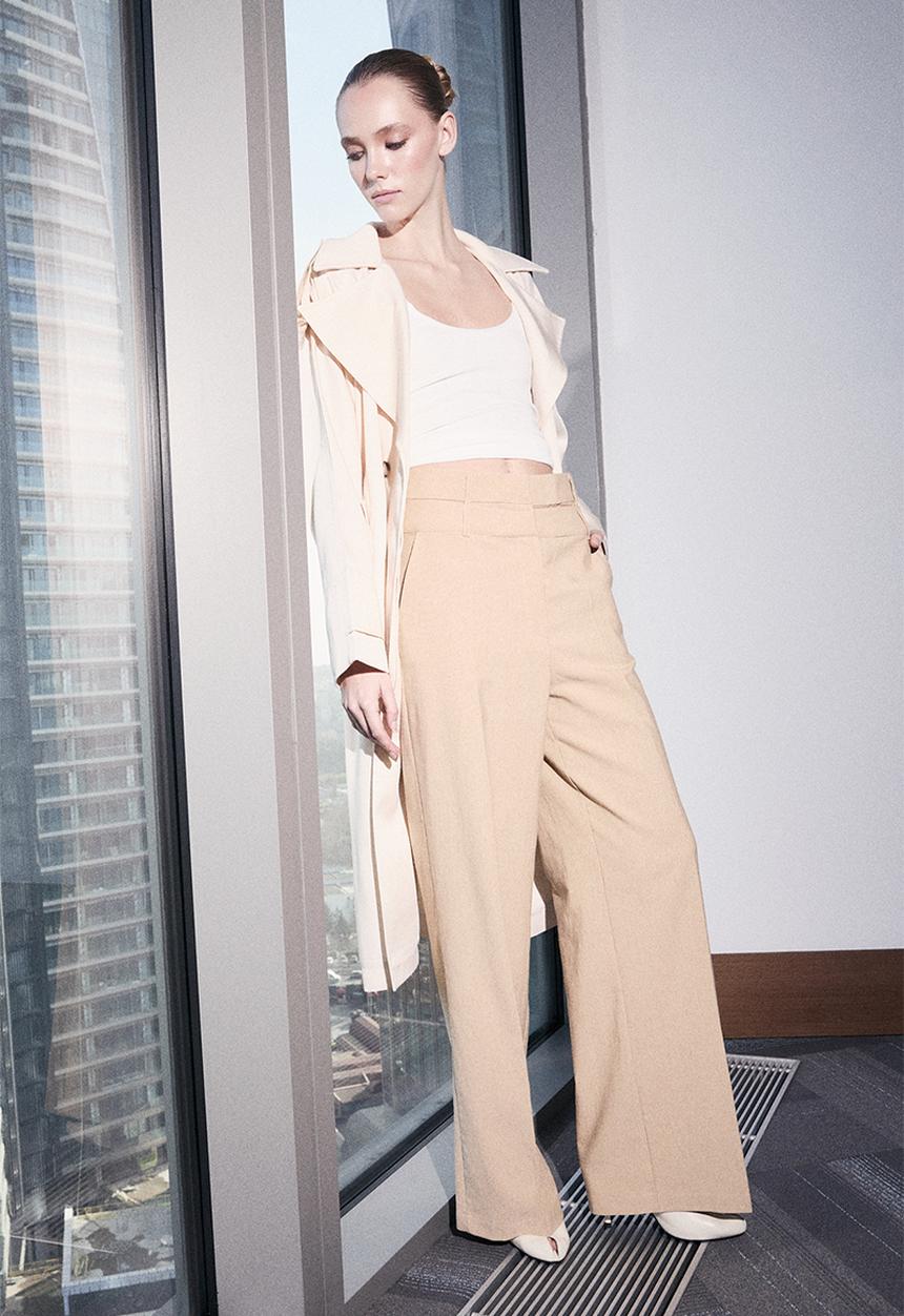 Trendyol - Double Belt Wide Leg Pants - Beige