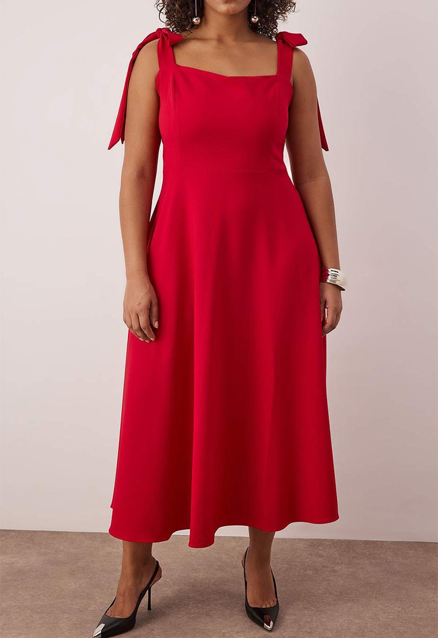Trendyol - Plus A-Line Suspender Tie Detail Midi Woven Graduation Dress - Red