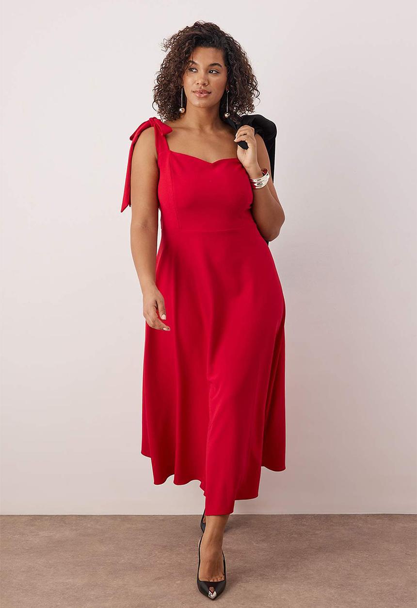 Trendyol - Plus A-Line Suspender Tie Detail Midi Woven Graduation Dress - Red