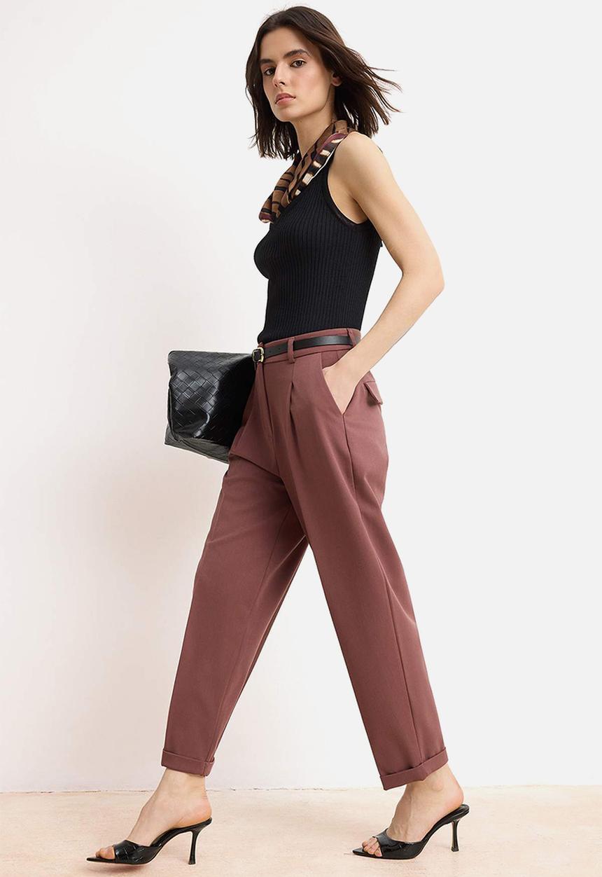 Trendyol - Belted Carrot Fit Trousers - Bordo