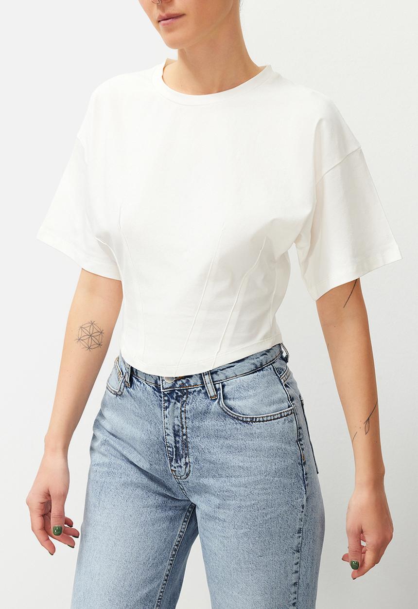 Trendyol - Crop Knitted T-Shirt - White