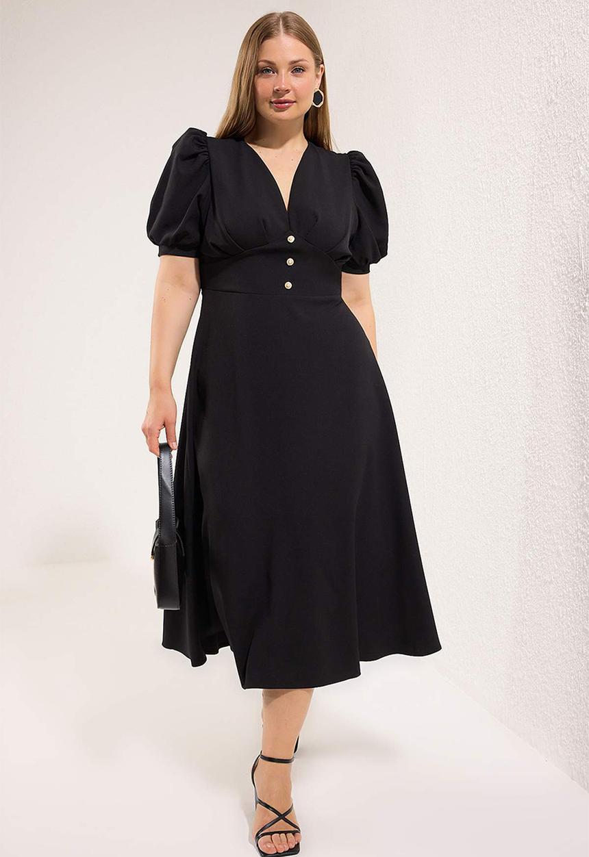 Trendyol - Plus V-Neck Balloon Sleeve Pearl Button Stylish Woven Dress - Black