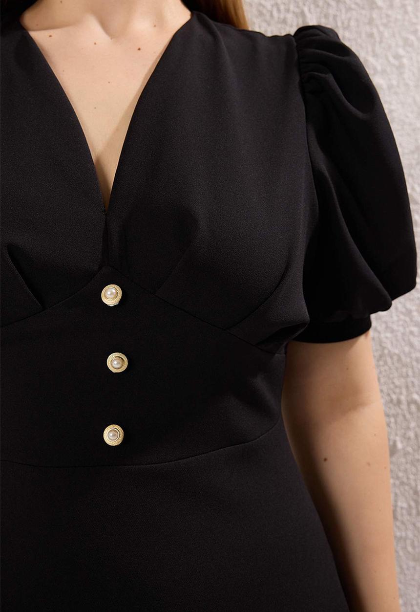Trendyol - Plus V-Neck Balloon Sleeve Pearl Button Stylish Woven Dress - Black