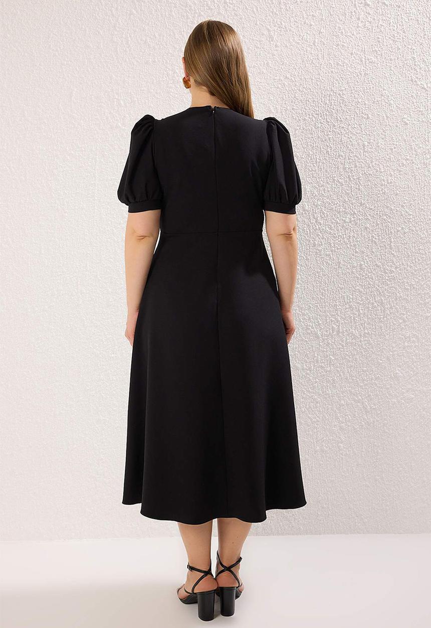 Trendyol - Plus V-Neck Balloon Sleeve Pearl Button Stylish Woven Dress - Black