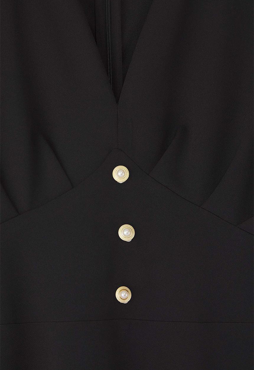 Trendyol - Plus V-Neck Balloon Sleeve Pearl Button Stylish Woven Dress - Black