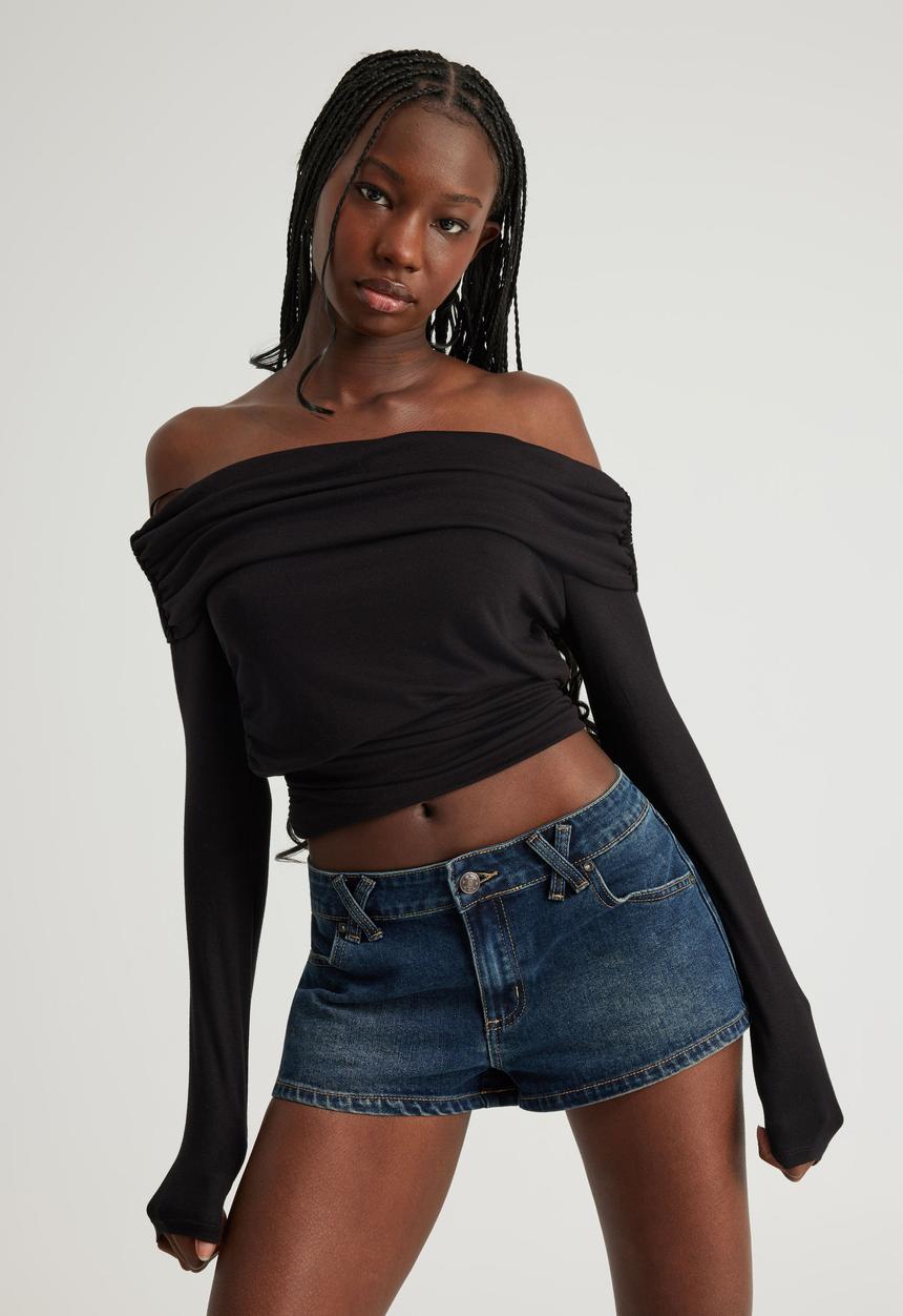 Factorie - Off Shoulder Long Sleeve Top - Washed Black