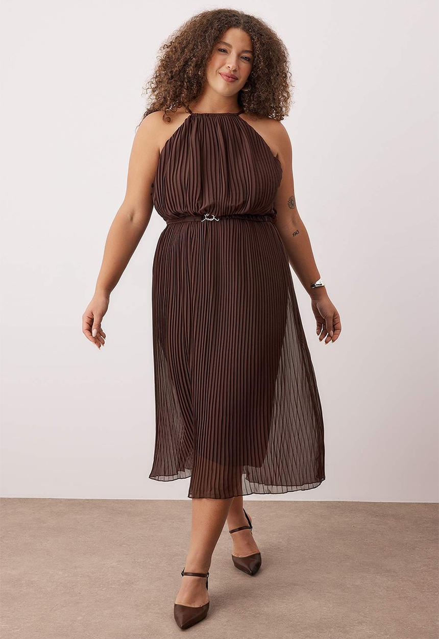 Trendyol - Plus Bodycon Maxi Length Chiffon Woven Dress - Brown
