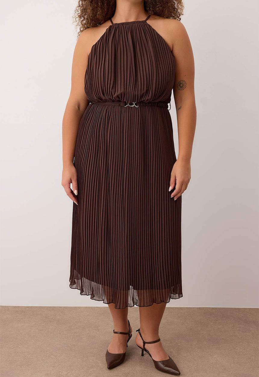 Trendyol - Plus Bodycon Maxi Length Chiffon Woven Dress - Brown