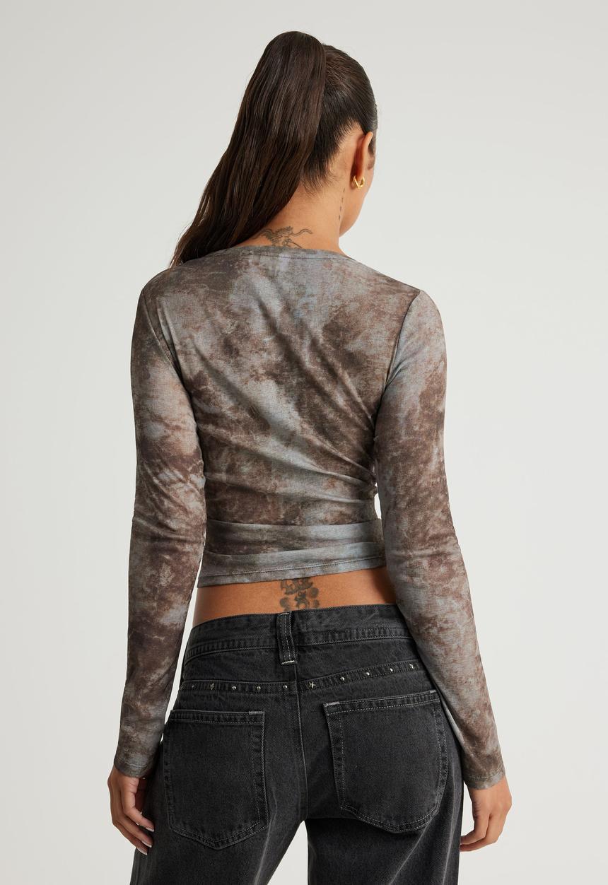 Factorie - Fitted Long Sleeve Top - Grey Brown Tie Dye