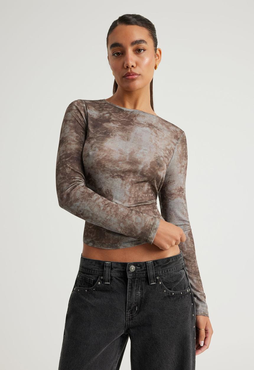 Factorie - Fitted Long Sleeve Top - Grey Brown Tie Dye