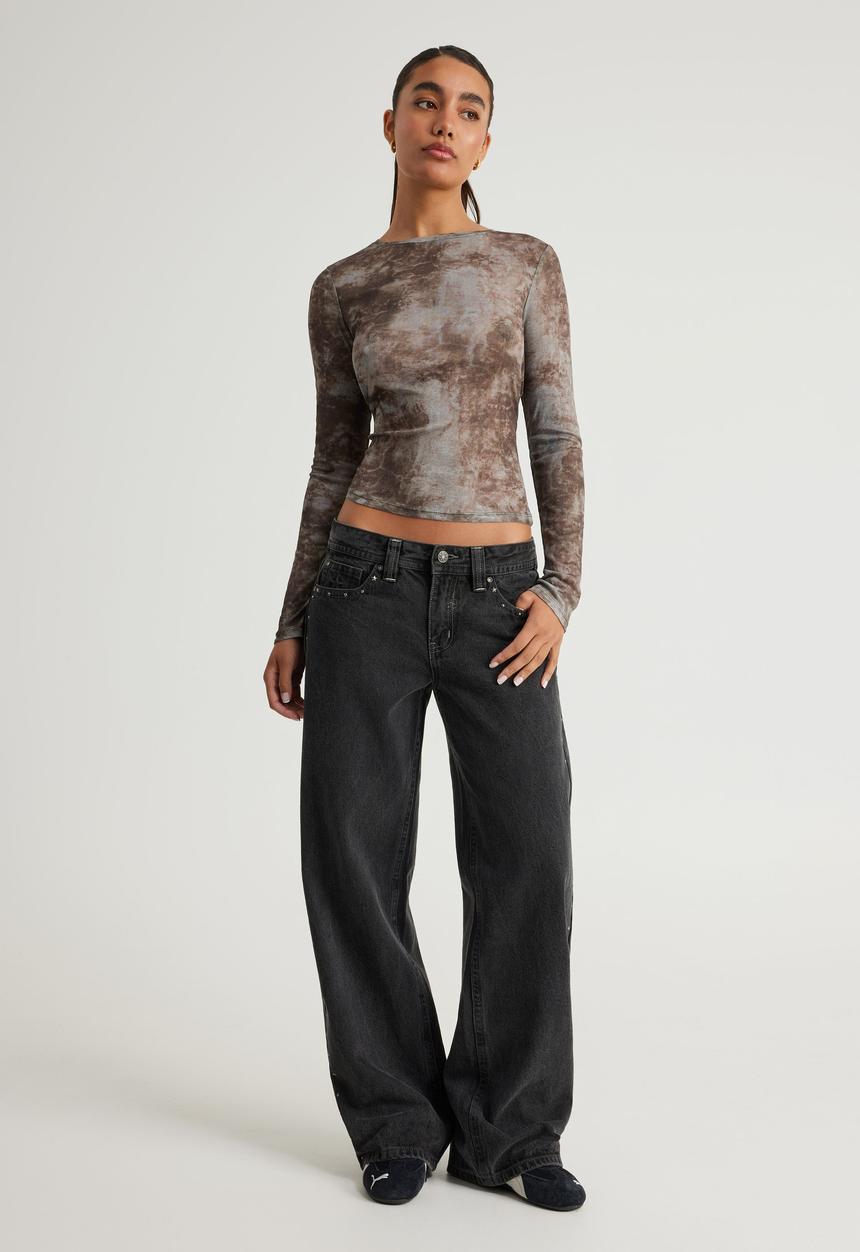Factorie - Fitted Long Sleeve Top - Grey Brown Tie Dye