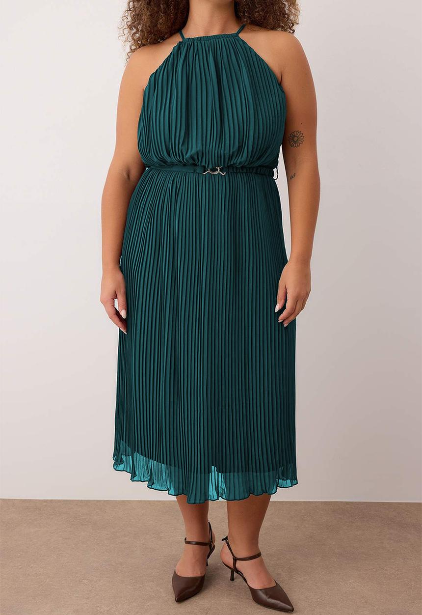 Trendyol - Plus Bodycon Maxi Length Chiffon Woven Dress - Petrol