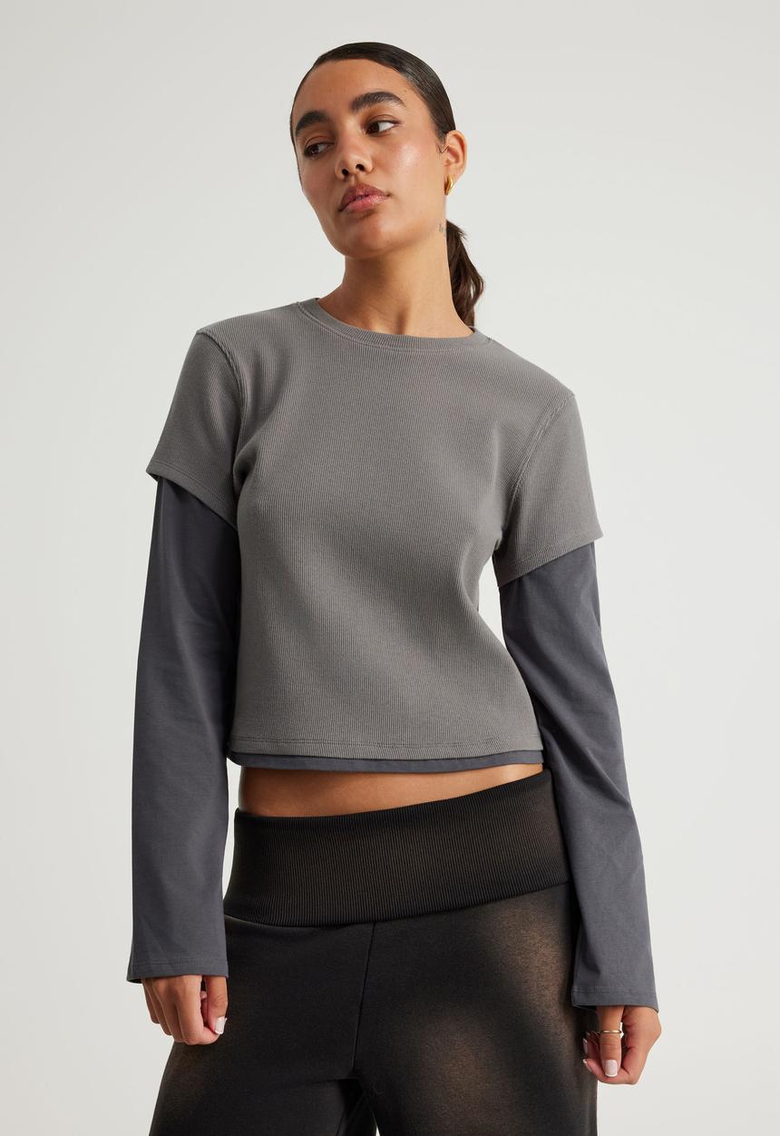 Factorie - Layered Long Sleeve Top - Washed Iron/Slate