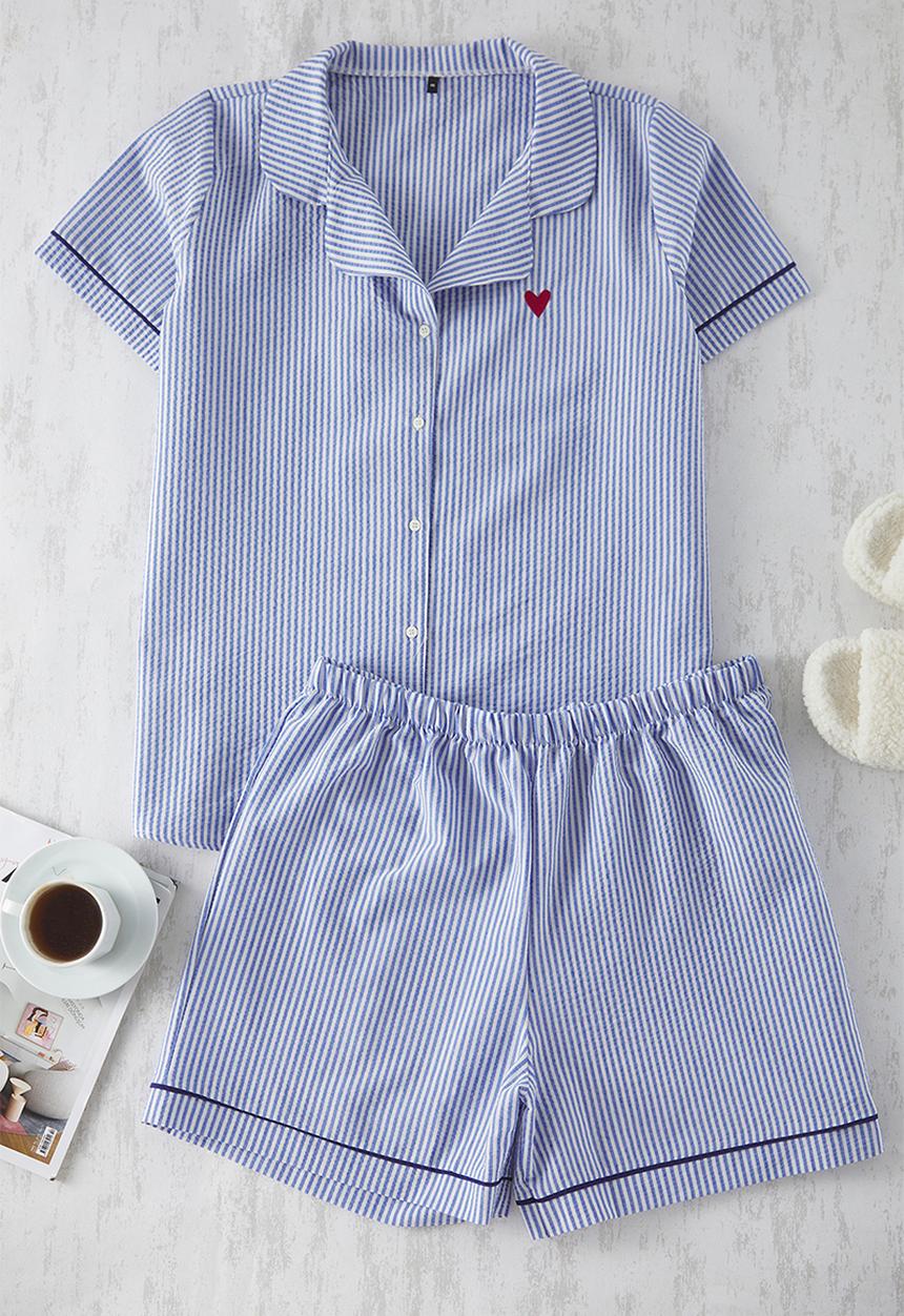 Trendyol - Plus Heart Embroidery Striped Pajamas Set - Navy Blue