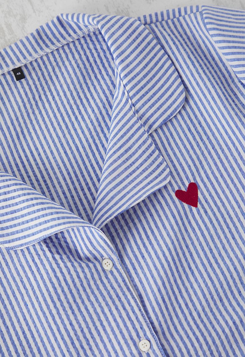 Trendyol - Plus Heart Embroidery Striped Pajamas Set - Navy Blue