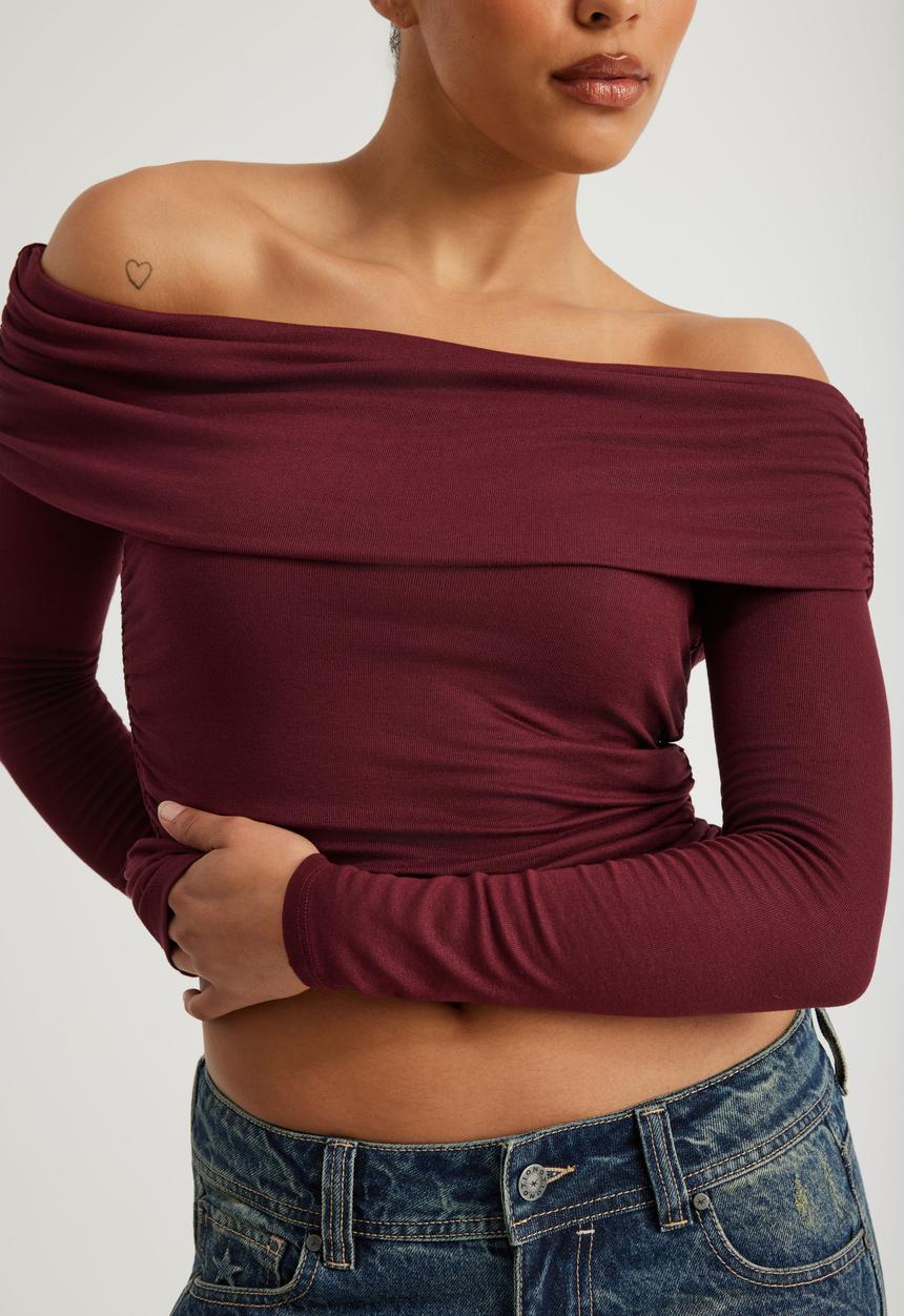 Factorie - Off Shoulder Long Sleeve Top - Merlot