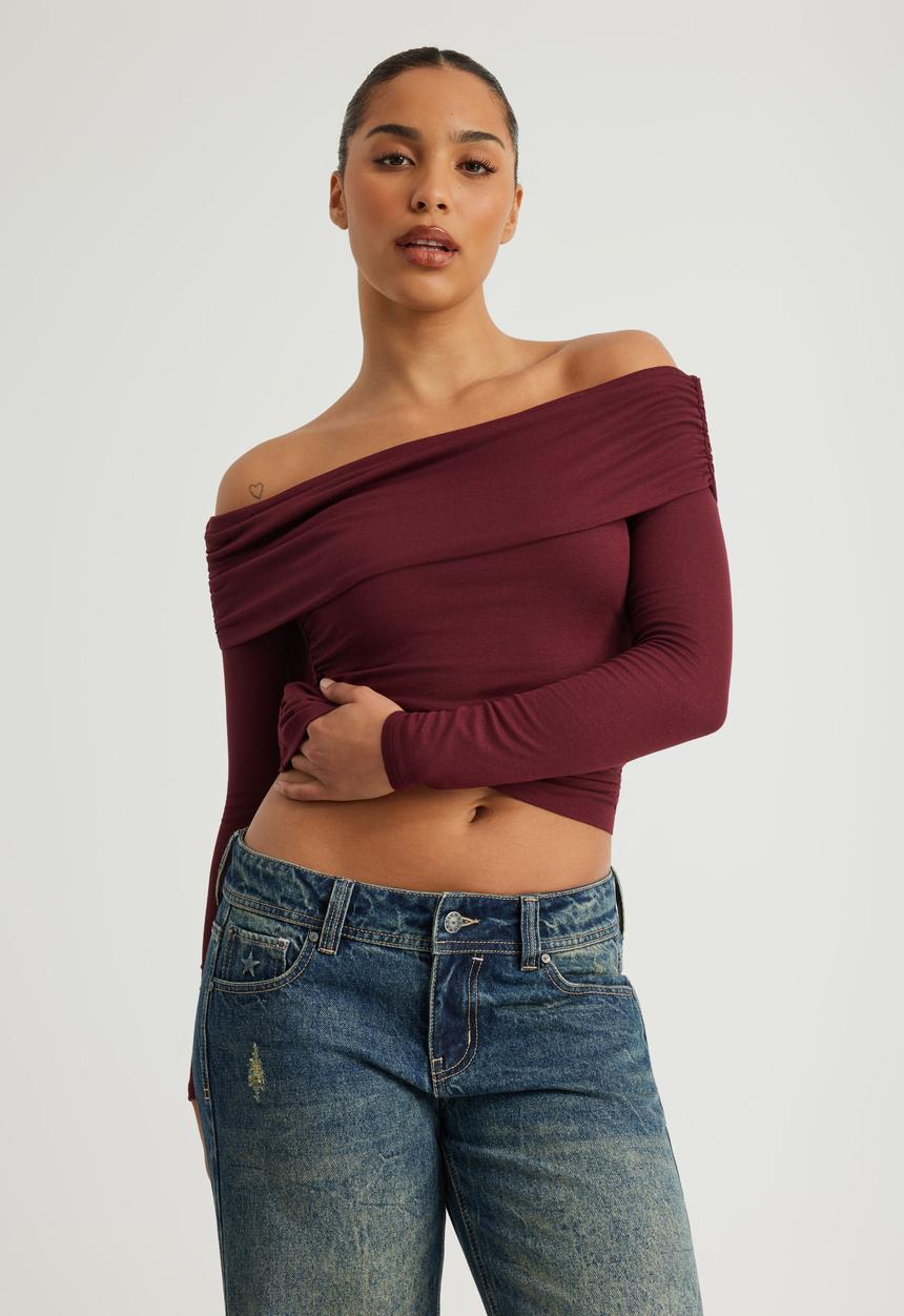 Factorie - Off Shoulder Long Sleeve Top - Merlot
