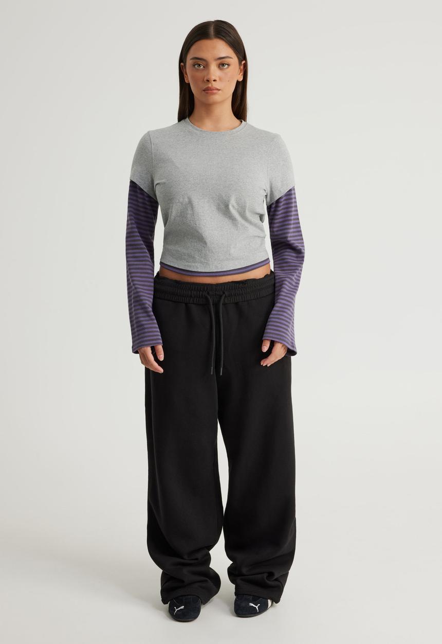 Factorie - Layered Long Sleeve Top - Grey Marle/Jasmine Blue Stone Stripe