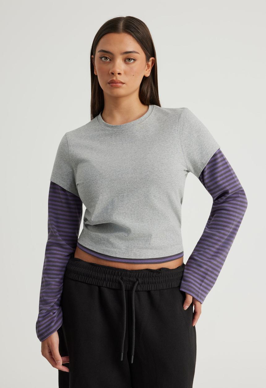 Factorie - Layered Long Sleeve Top - Grey Marle/Jasmine Blue Stone Stripe